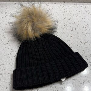 J. Crew NEW Black Wool Blend Knit Beanie with Faux Fur Pom-Pom OS ski snow bunny